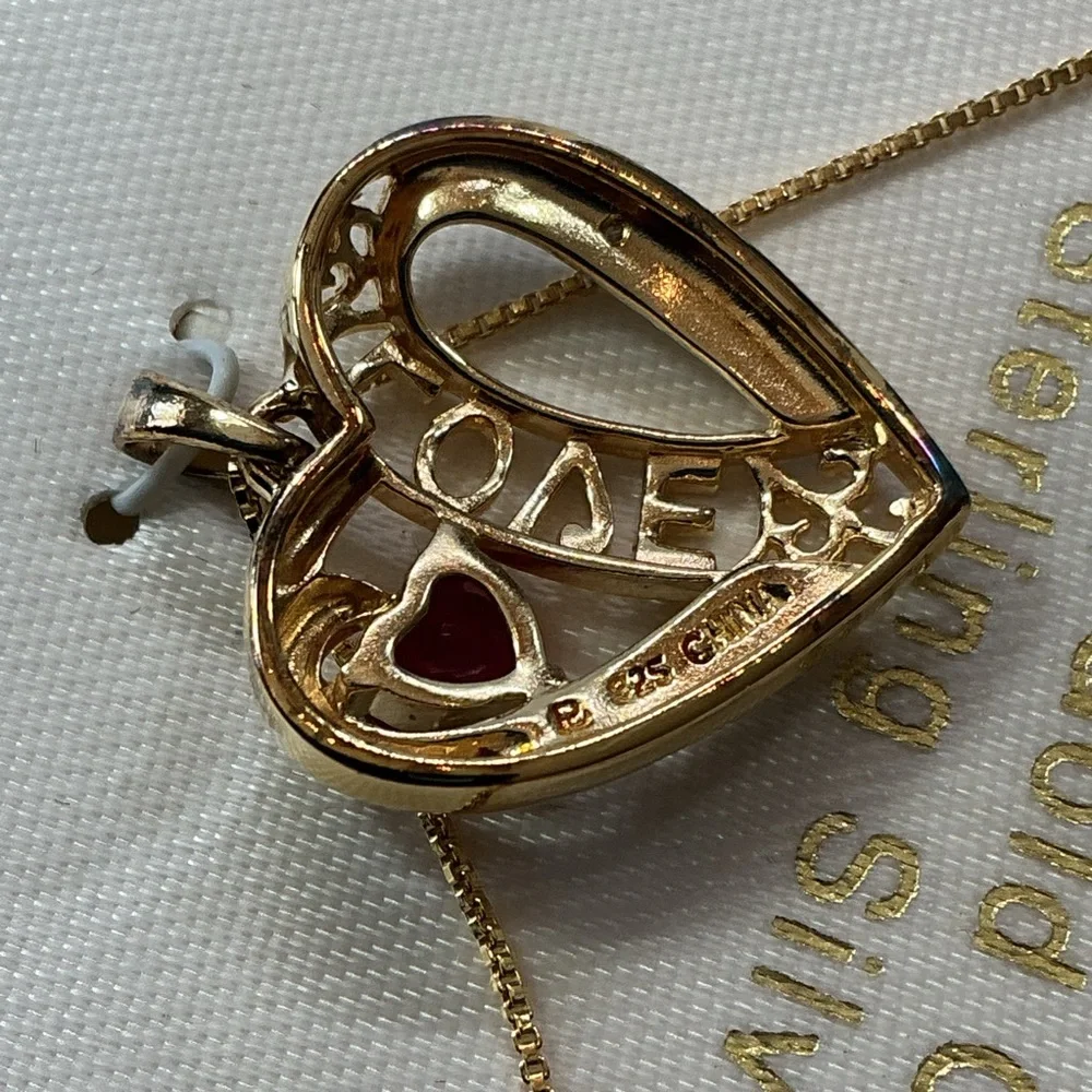 VTG LOVE Heart Pendant Necklace 18k Over Sterling Created Ruby Diamond Accent